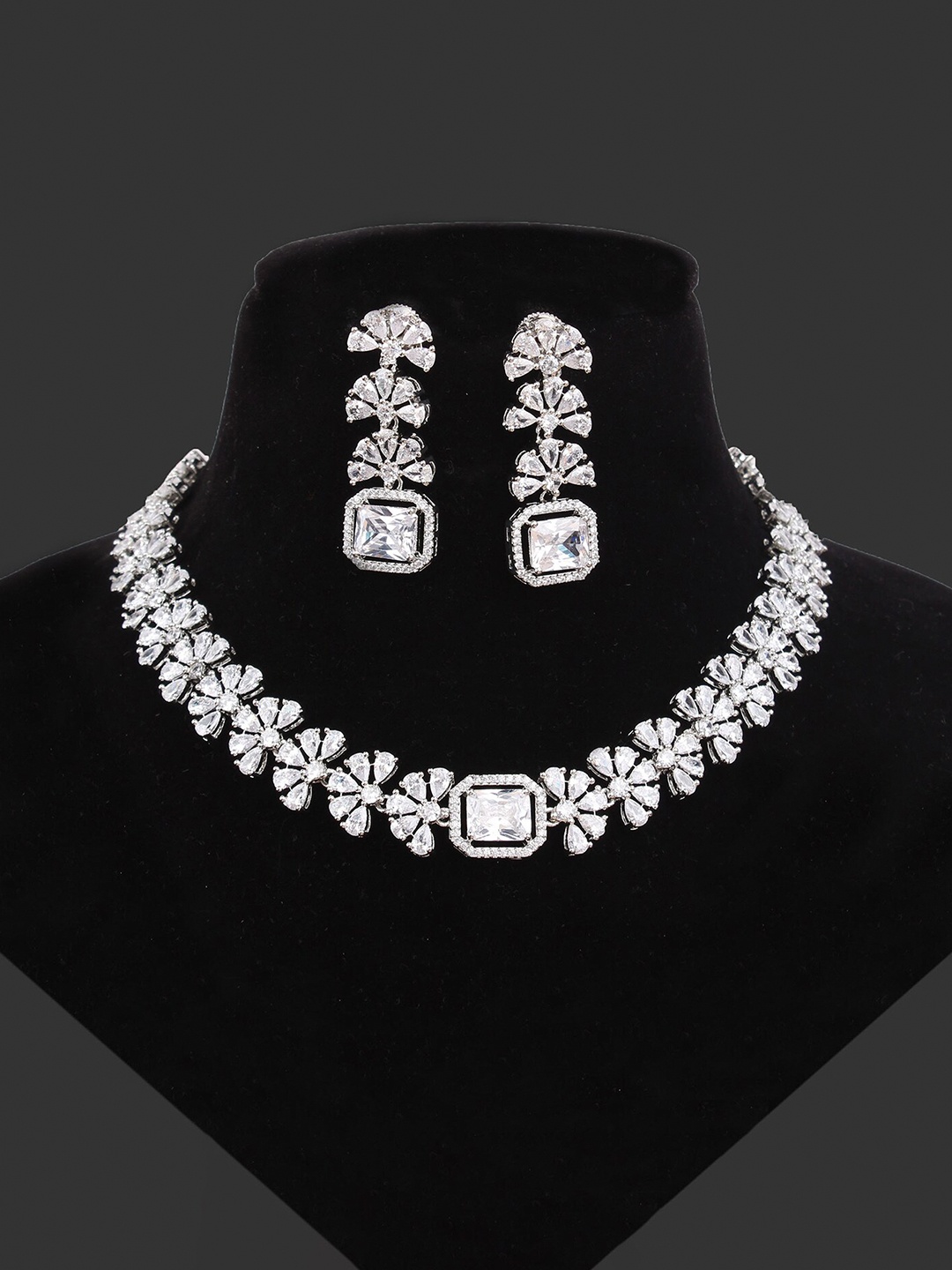 

Mirana Rhodium-Plated Studded Luna Flower Design Necklace With Earrings, Silver