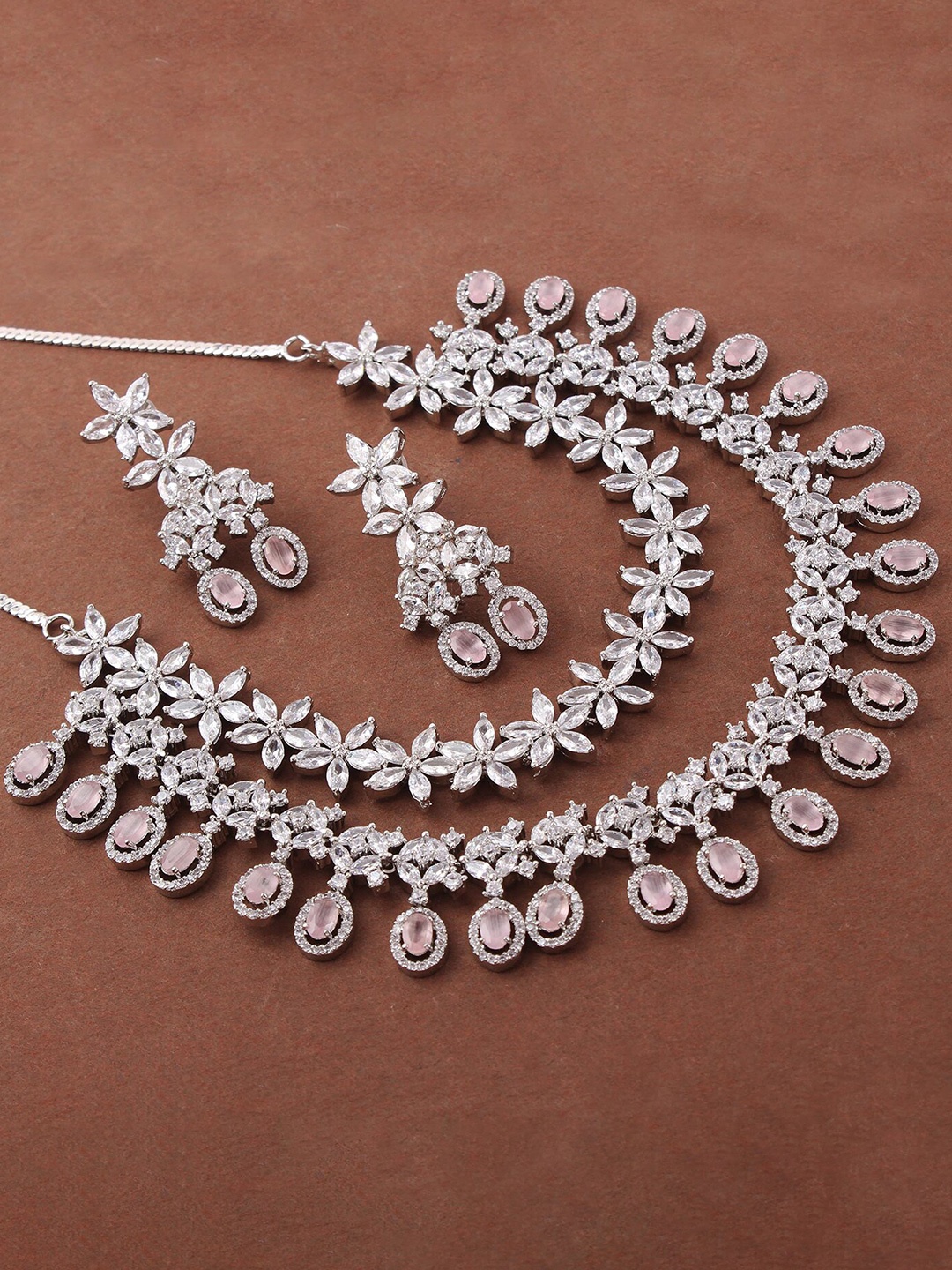 

Mirana Rhodium Plated American Daimond Studded Layered Jewellery Set, Silver