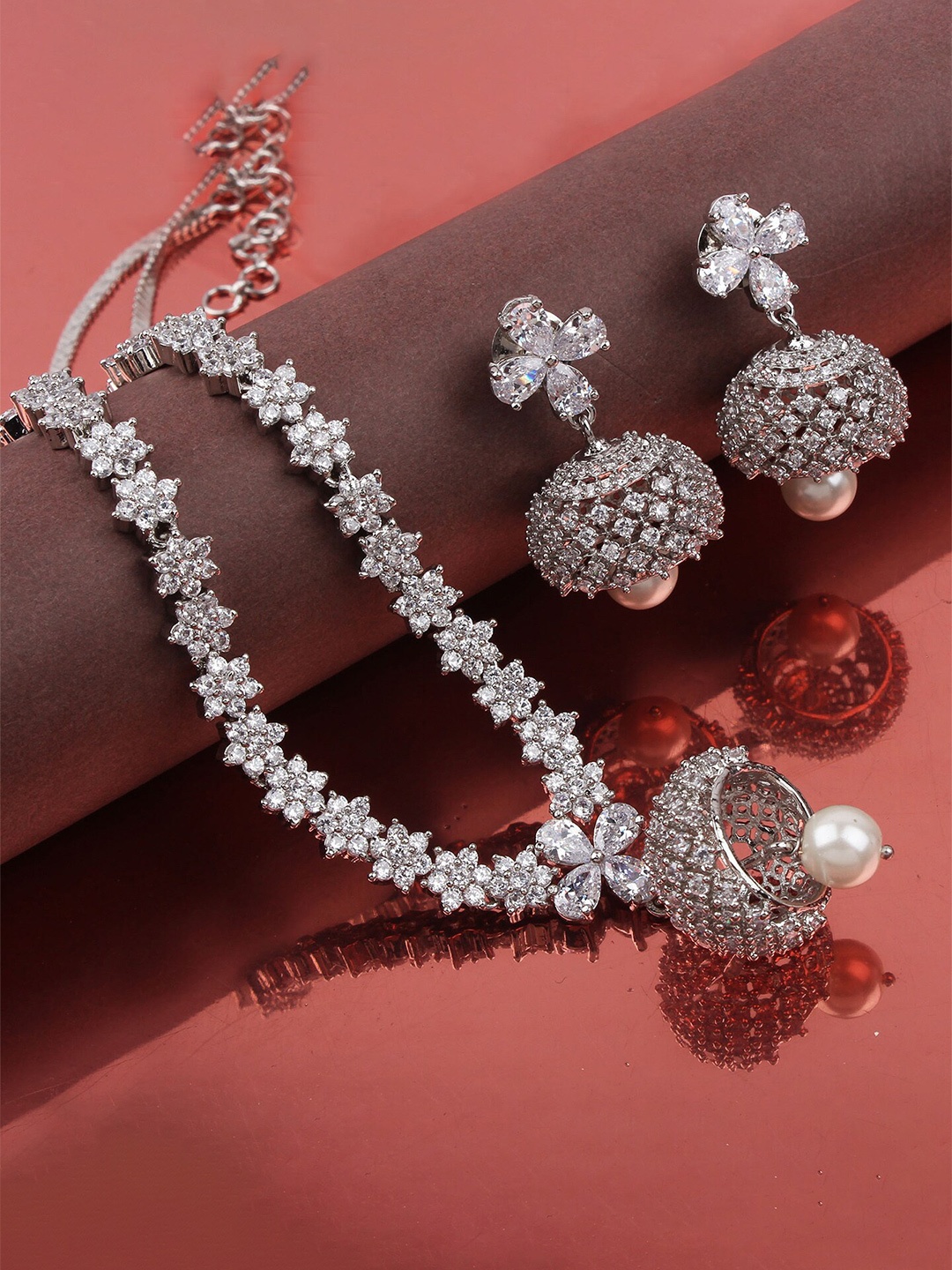 

Mirana Rhodium Plated American Daimond Studded Jewellery Set, Silver