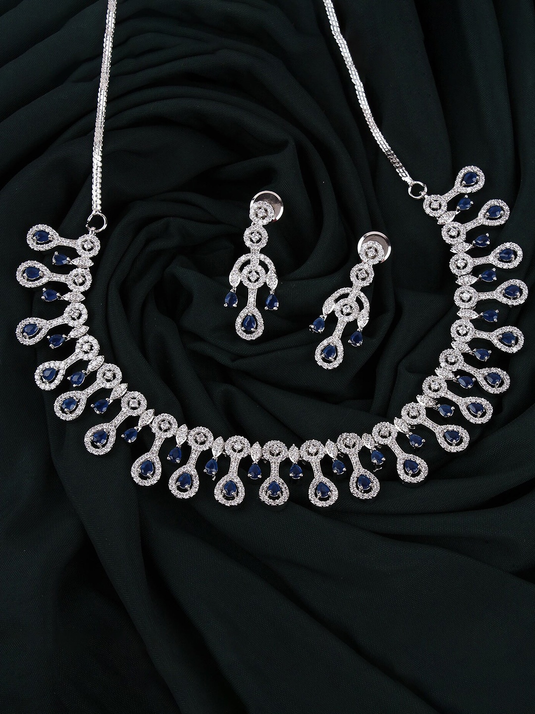 

Mirana Rhodium Plated American Diamond Studded Necklace With Earrings, Silver