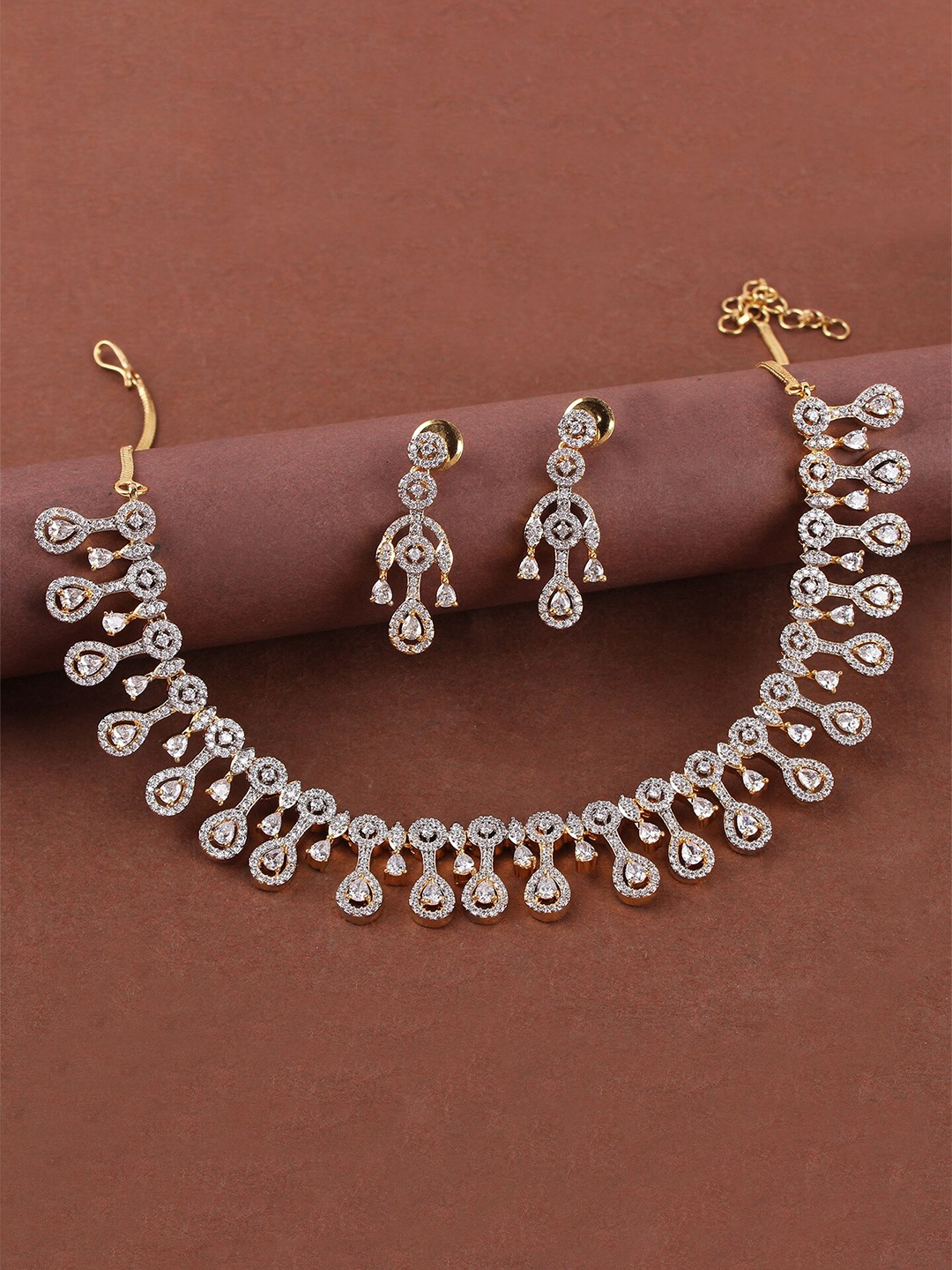

Mirana Gold-Plated Studded American Diamond Studded Millie Necklace With Earrings