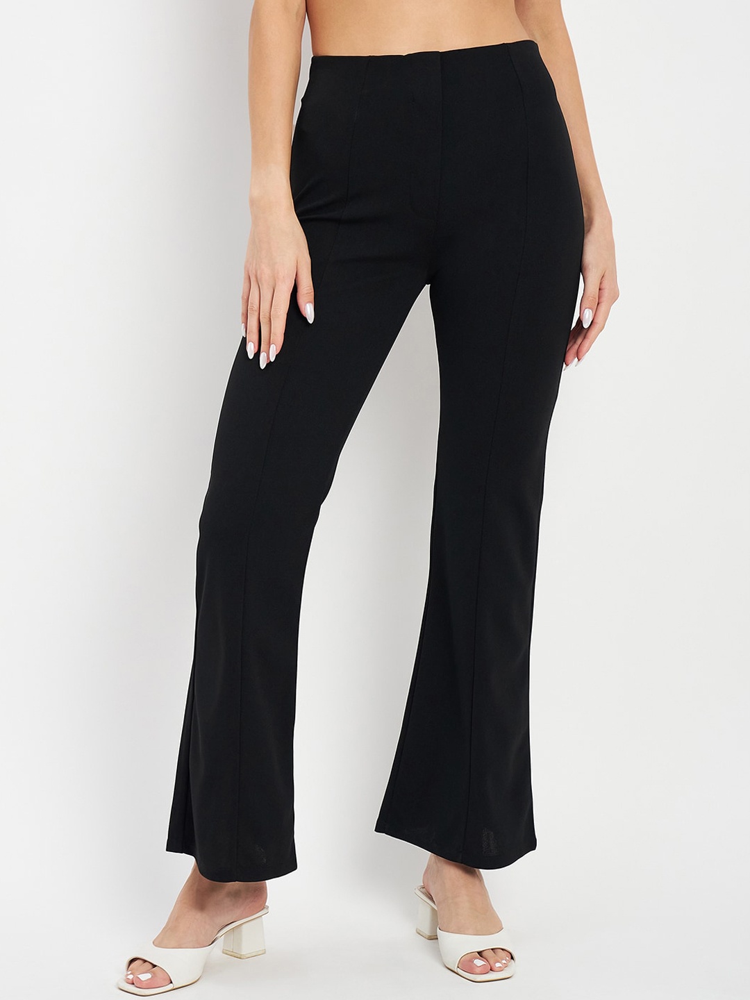 

DELAN Women Smart Tapered Fit High-Rise Easy Wash Bootcut Trousers, Black