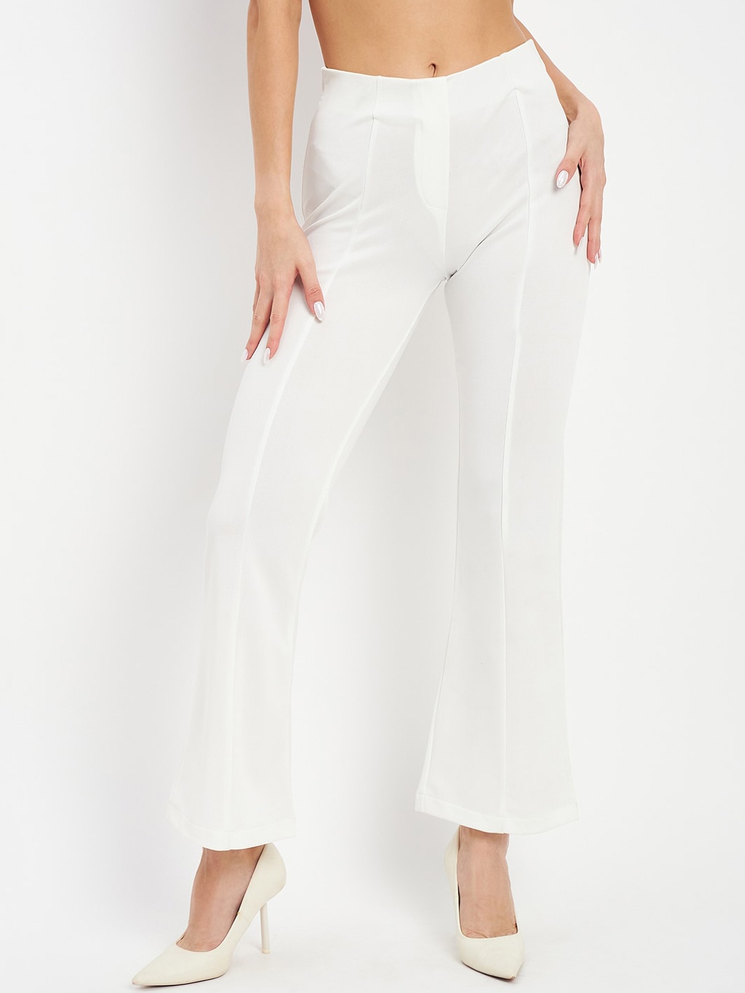 

DELAN Women Smart Tapered Fit High-Rise Easy Wash Bootcut Trousers, White