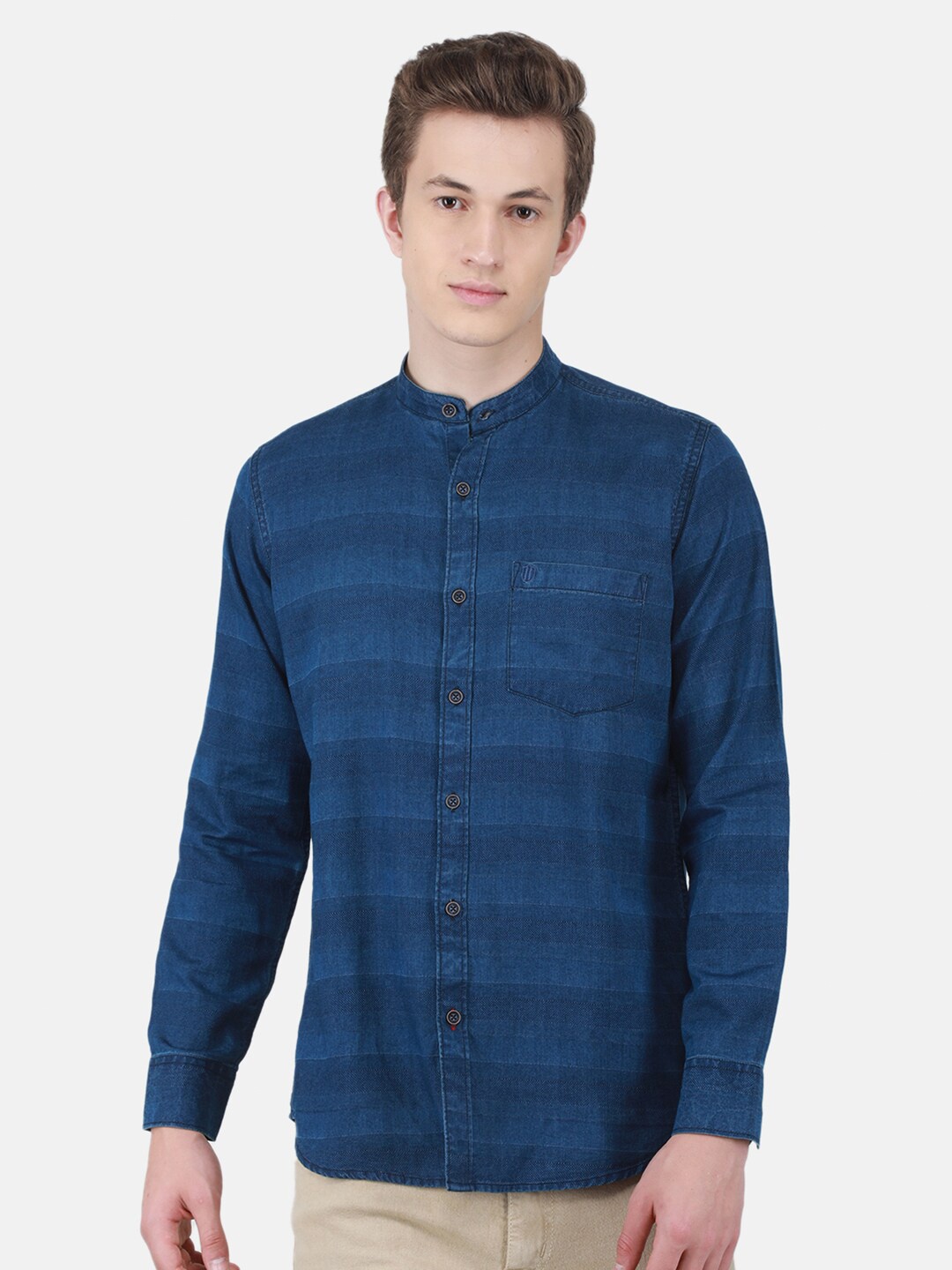 

Duke Mandarin Collar Slim Fit Horizontal Striped Casual Shirt, Blue