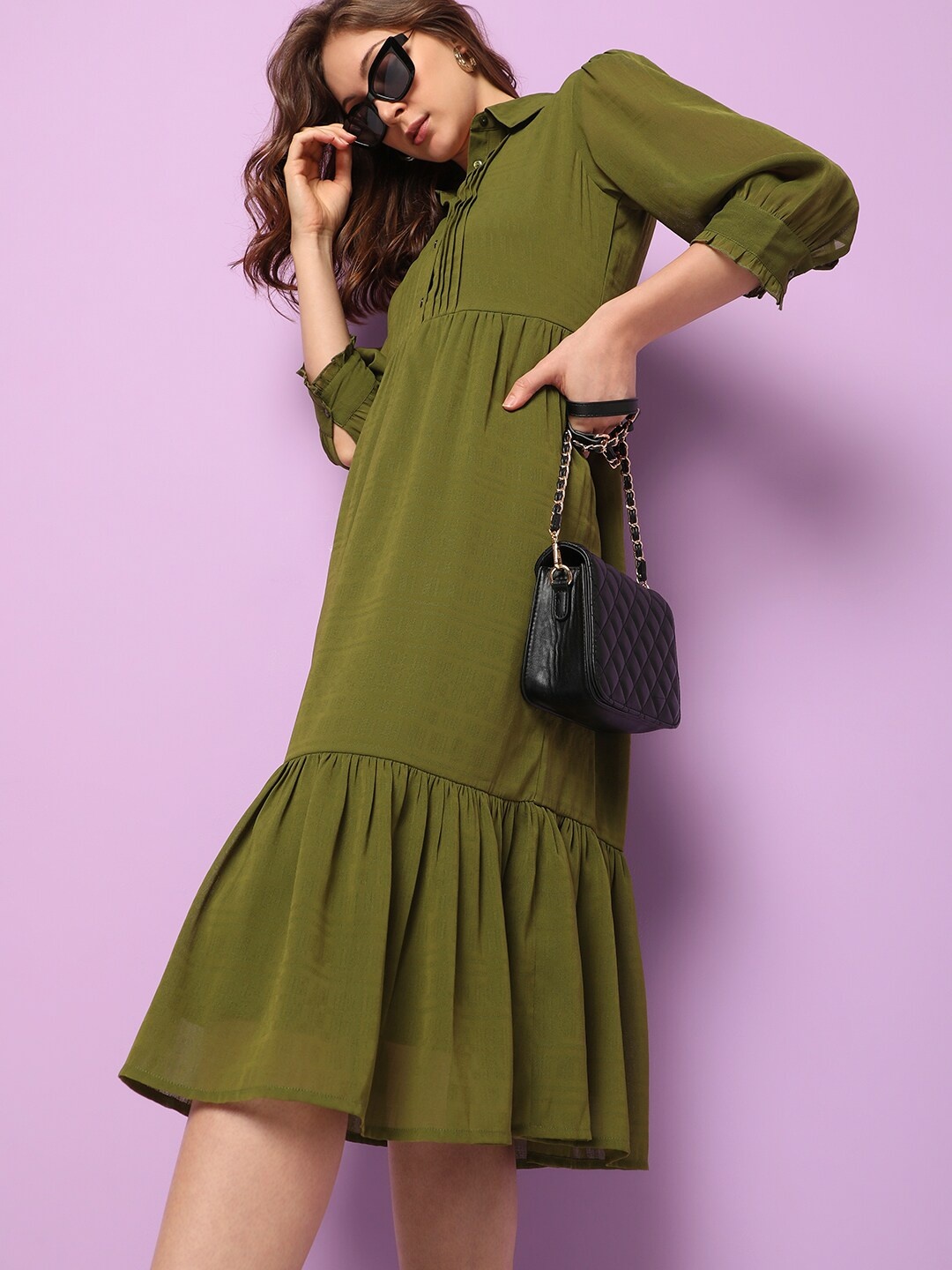 

Vero Moda Shirt Collar Puff Sleeves Gathered A-line Dress, Green