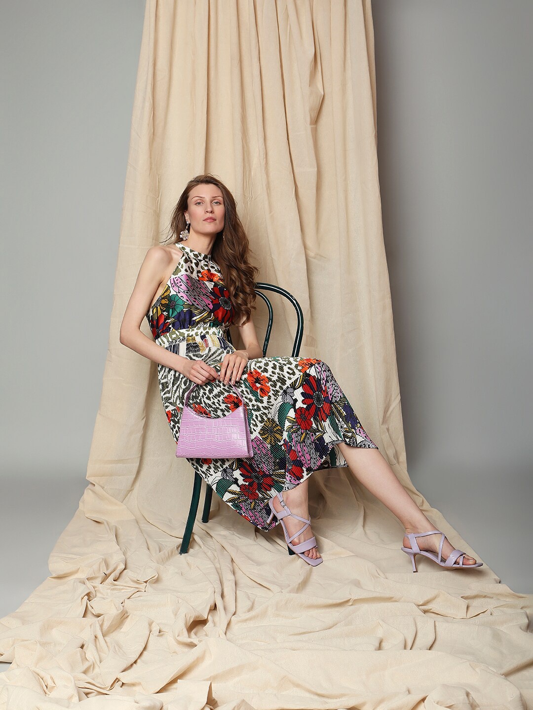 

Vero Moda Floral Printed Halter Neck A-Line Midi Dress, Off white