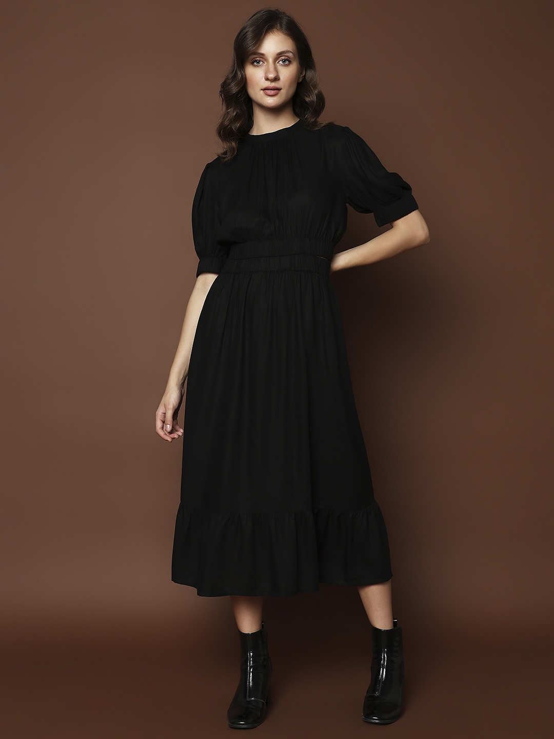 

Vero Moda Puff Sleeves Fit & Flare Midi Dress, Black