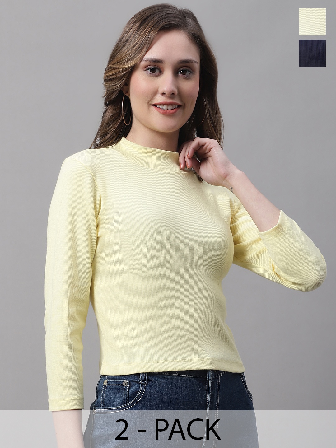 

FBAR Pack Of 2 Ribbed High Neck Cotton Fitted Crop Tops, Navy blue
