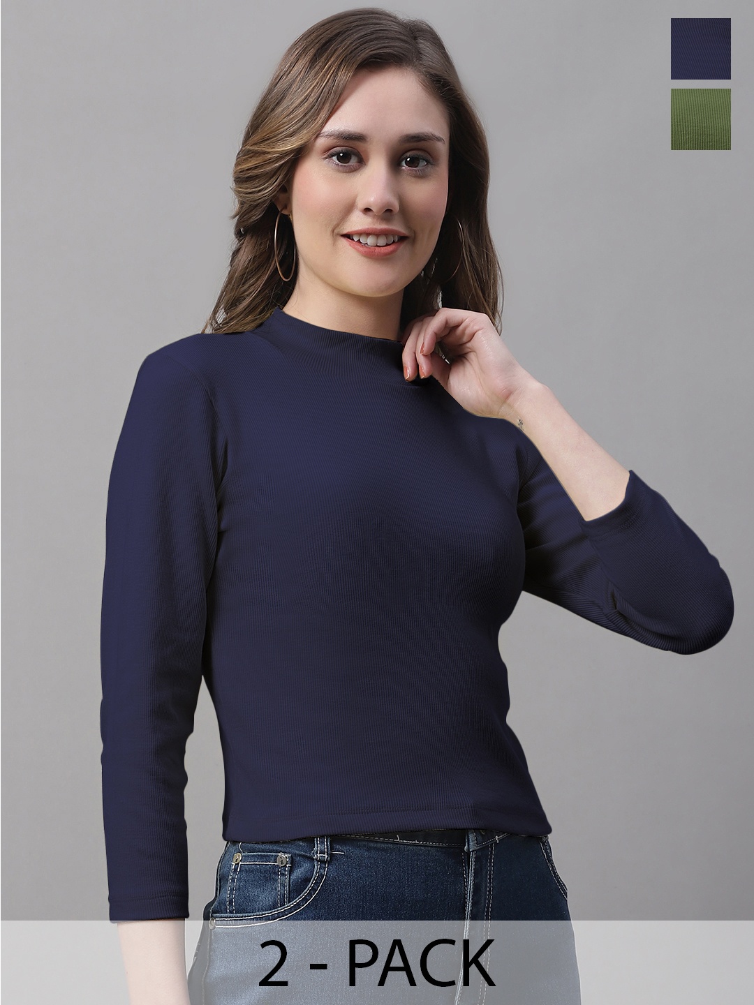 

FBAR Pack Of 2 High Neck Fitted Crop Cotton Top, Navy blue