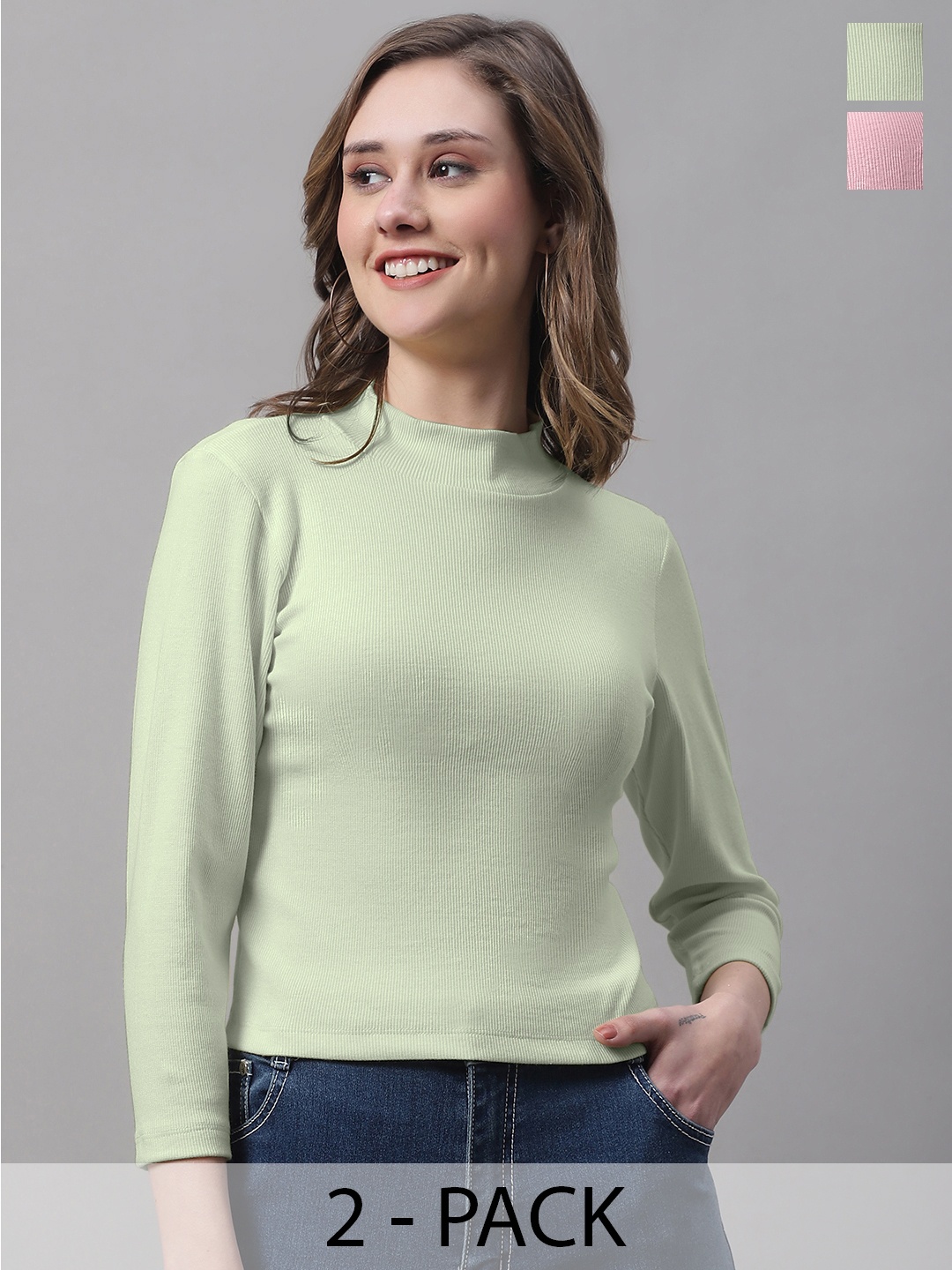 

FBAR Pack Of 2 High Neck Fitted Crop Cotton Top, Pink