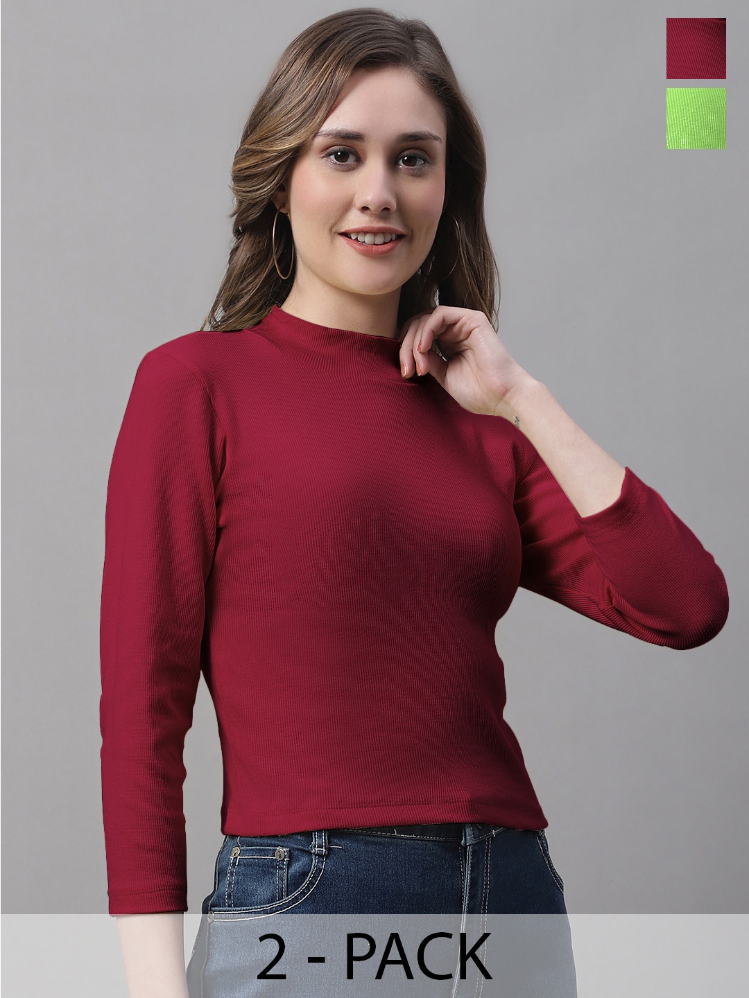

FBAR Pack Of 2 High Neck Fitted Crop Cotton Top, Green