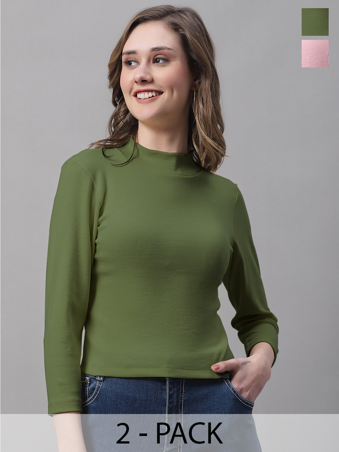 

FBAR Pack Of 2 High Neck Fitted Crop Cotton Top, Pink