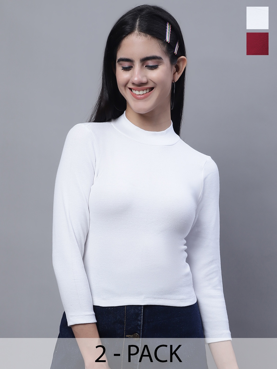 

FBAR Pack Of 2 High Neck Fitted Crop Cotton Top, White