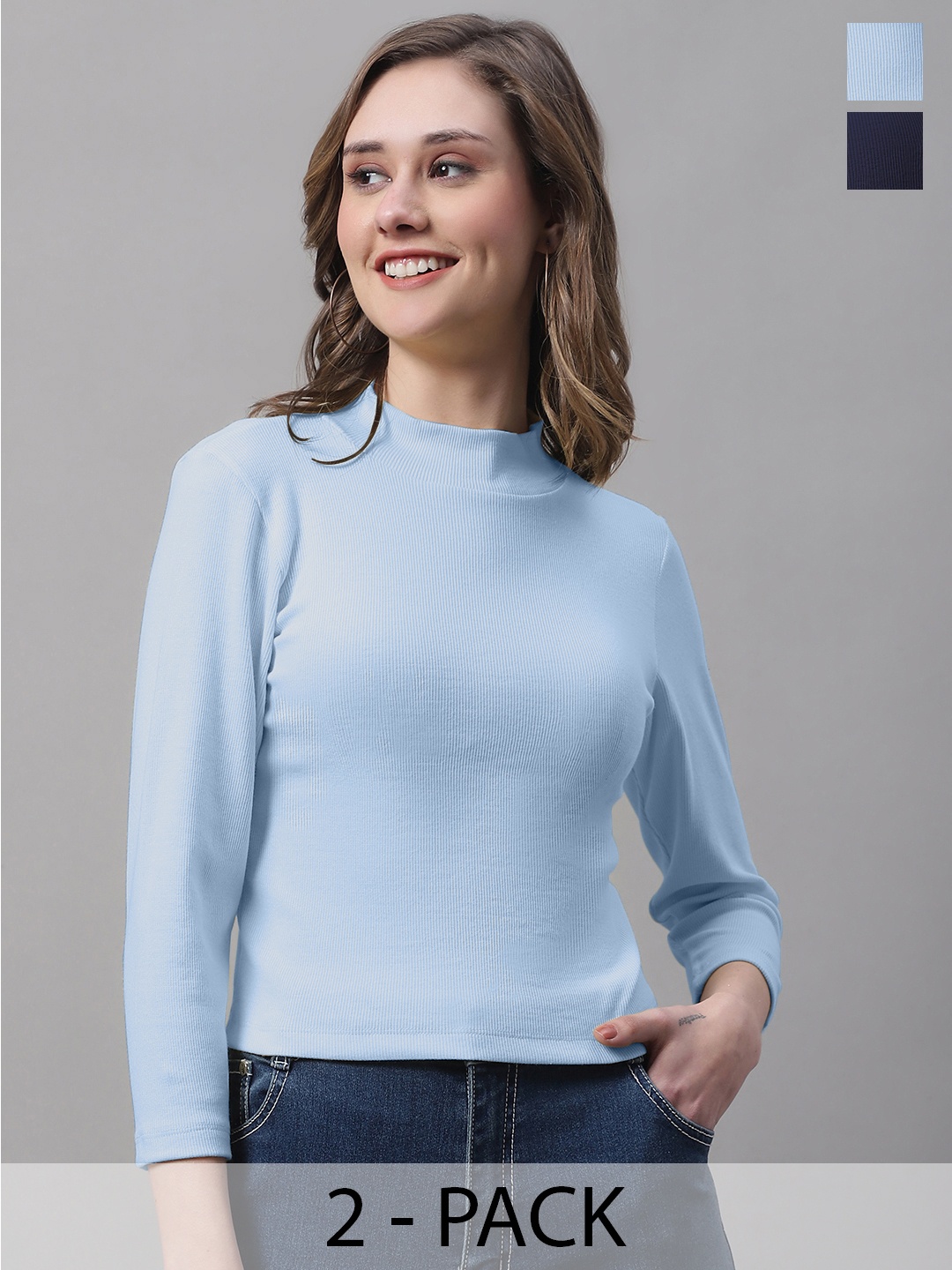 

FBAR Pack Of 2 High Neck Fitted Crop Cotton Top, Navy blue