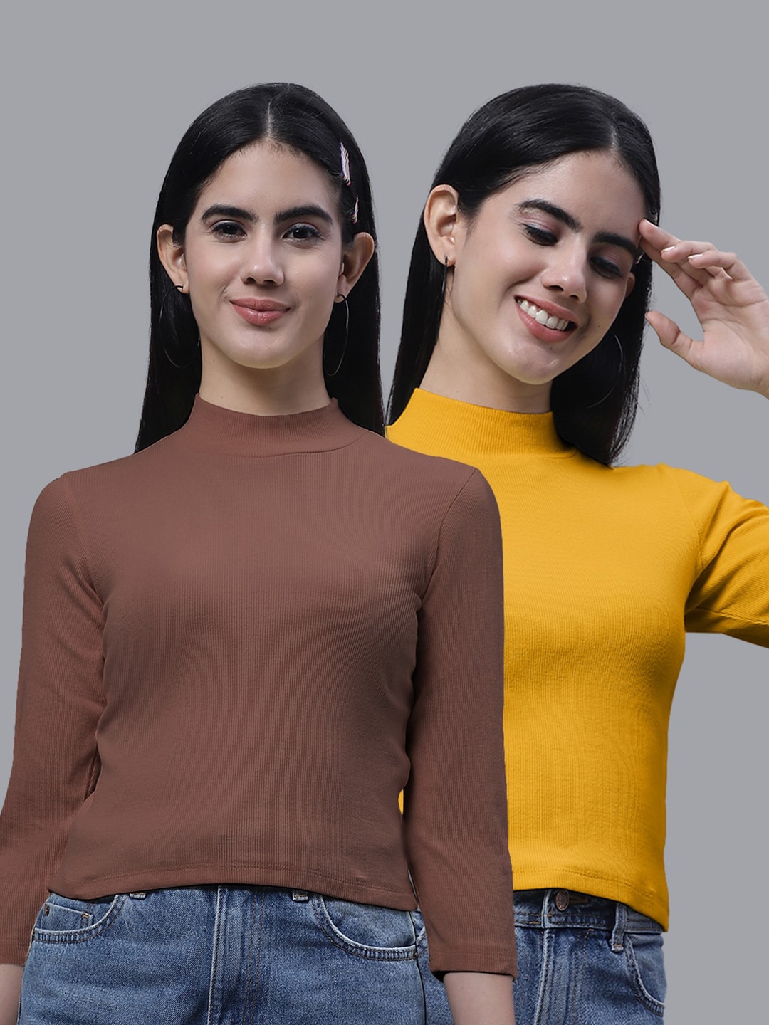 

FBAR Pack Of 2 High Neck Fitted Cotton Crop Top, Brown
