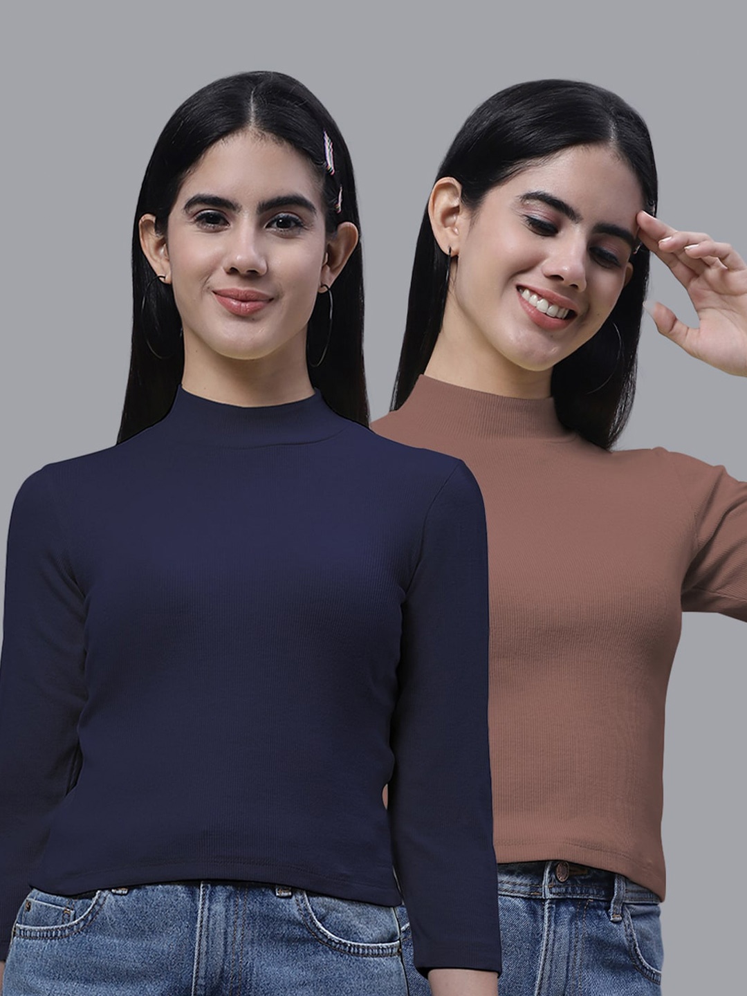 

FBAR Pack Of 2 High Neck Fitted Cotton Crop Top, Navy blue