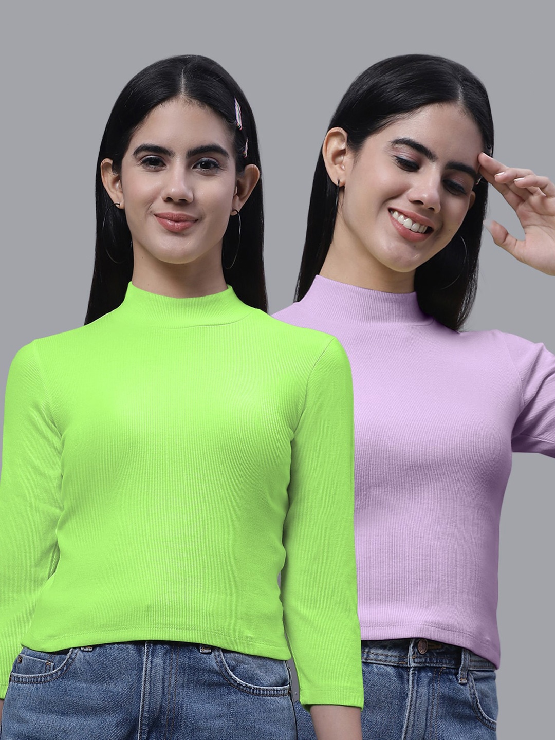 

FBAR Pack Of 2 High Neck Fitted Cotton Crop Top, Green