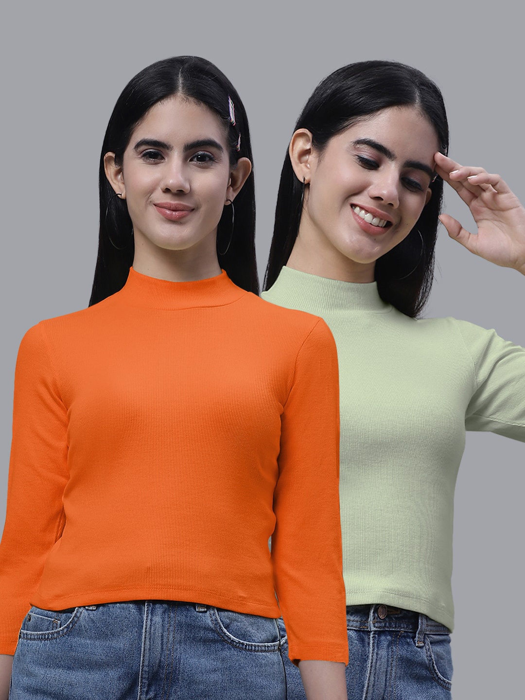 

FBAR Pack Of 2 High Neck Fitted Cotton Crop Top, Orange