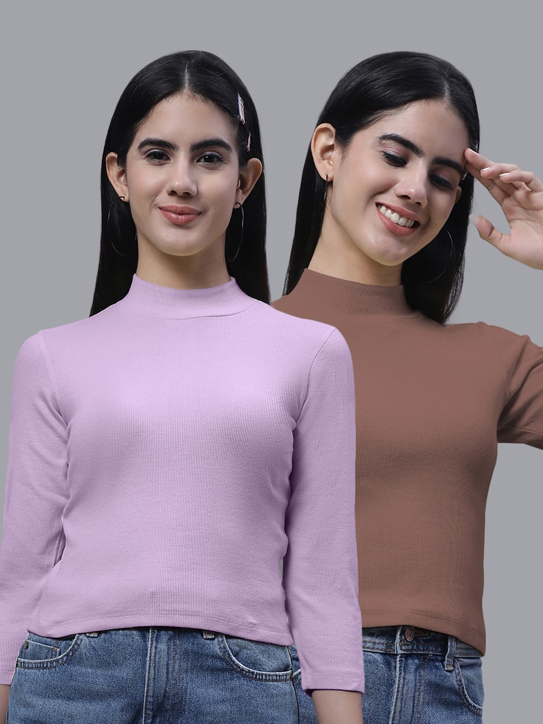 

FBAR Pack Of 2 High Neck Fitted Cotton Crop Top, Purple