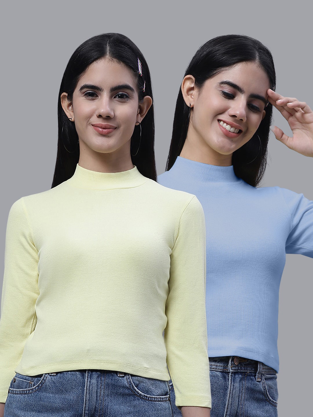 

FBAR Pack Of 2 High Neck Fitted Cotton Crop Top, Yellow