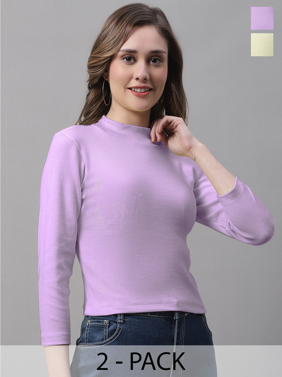 

FBAR Pack Of 2 Ribbed High Neck Fitted Cotton Top, Yellow