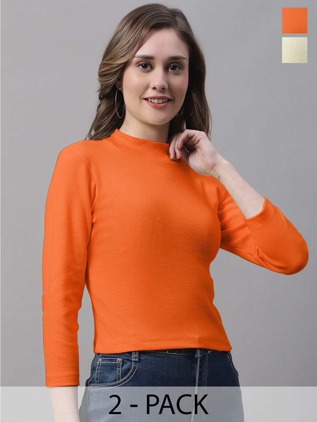 

FBAR Pack Of 2 Ribbed High Neck Fitted Cotton Top, Yellow