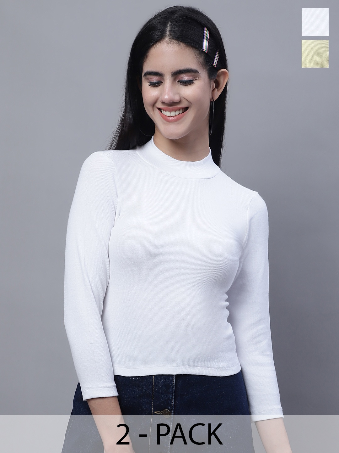 

FBAR Pack Of 2 Ribbed High Neck Fitted Cotton Top, White