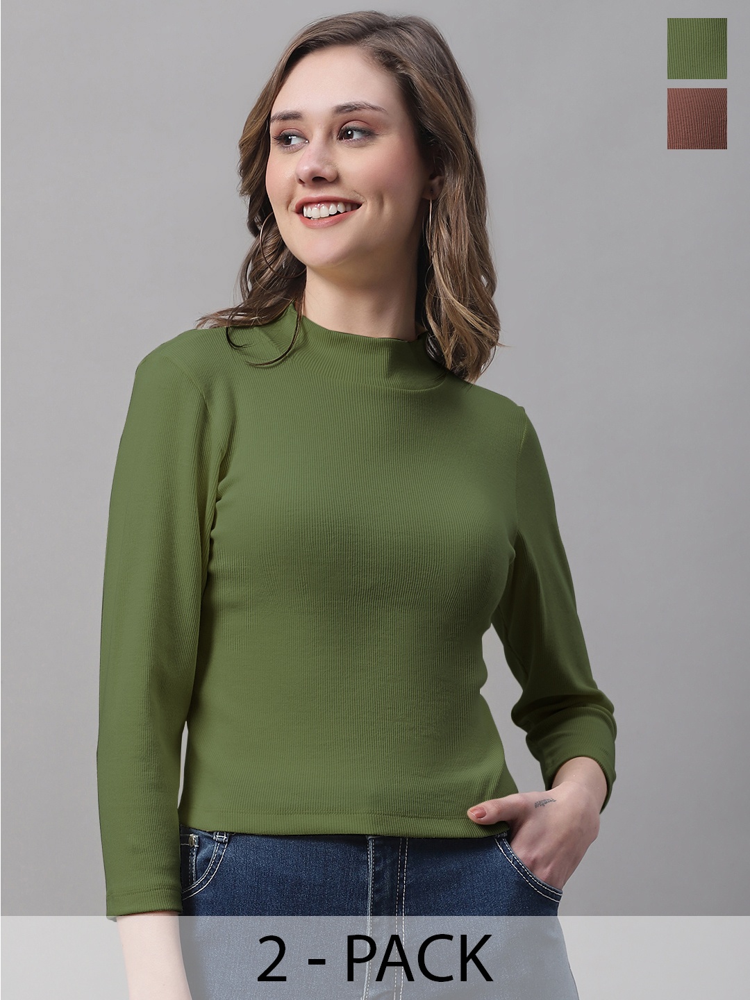 

FBAR Pack Of 2 Ribbed High Neck Fitted Cotton Top, Brown