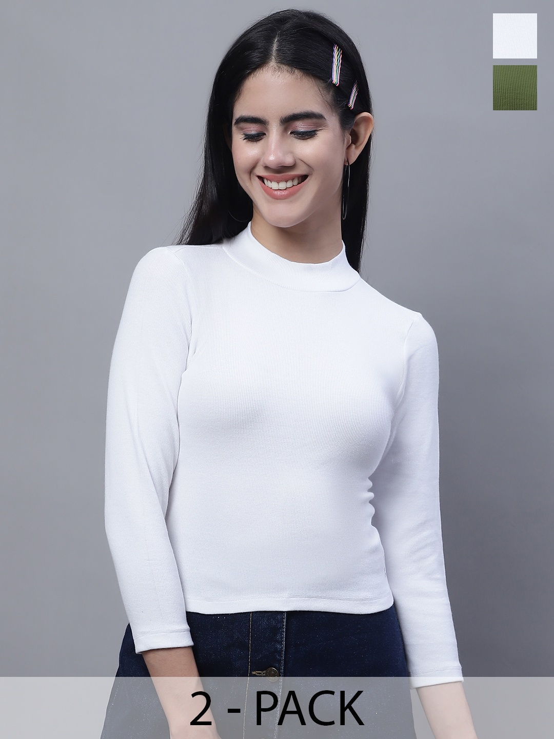 

FBAR Pack Of 2 Ribbed High Neck Fitted Cotton Top, White