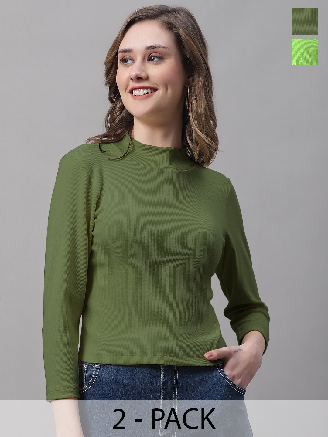 

FBAR Pack Of 2 Ribbed High Neck Fitted Cotton Top, Green