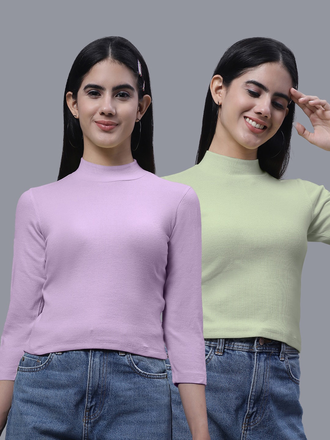 

FBAR Pack Of 2 High Neck Ribbed Cotton Fitted Crop Tops, Lavender