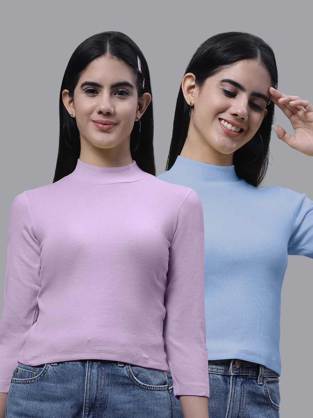 

FBAR Pack Of 2 High Neck Ribbed Cotton Fitted Crop Tops, Lavender