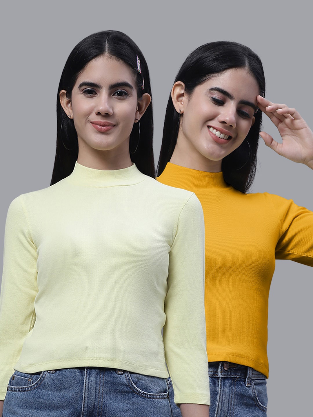 

FBAR Pack Of 2 High Neck Ribbed Cotton Fitted Crop Tops, Yellow