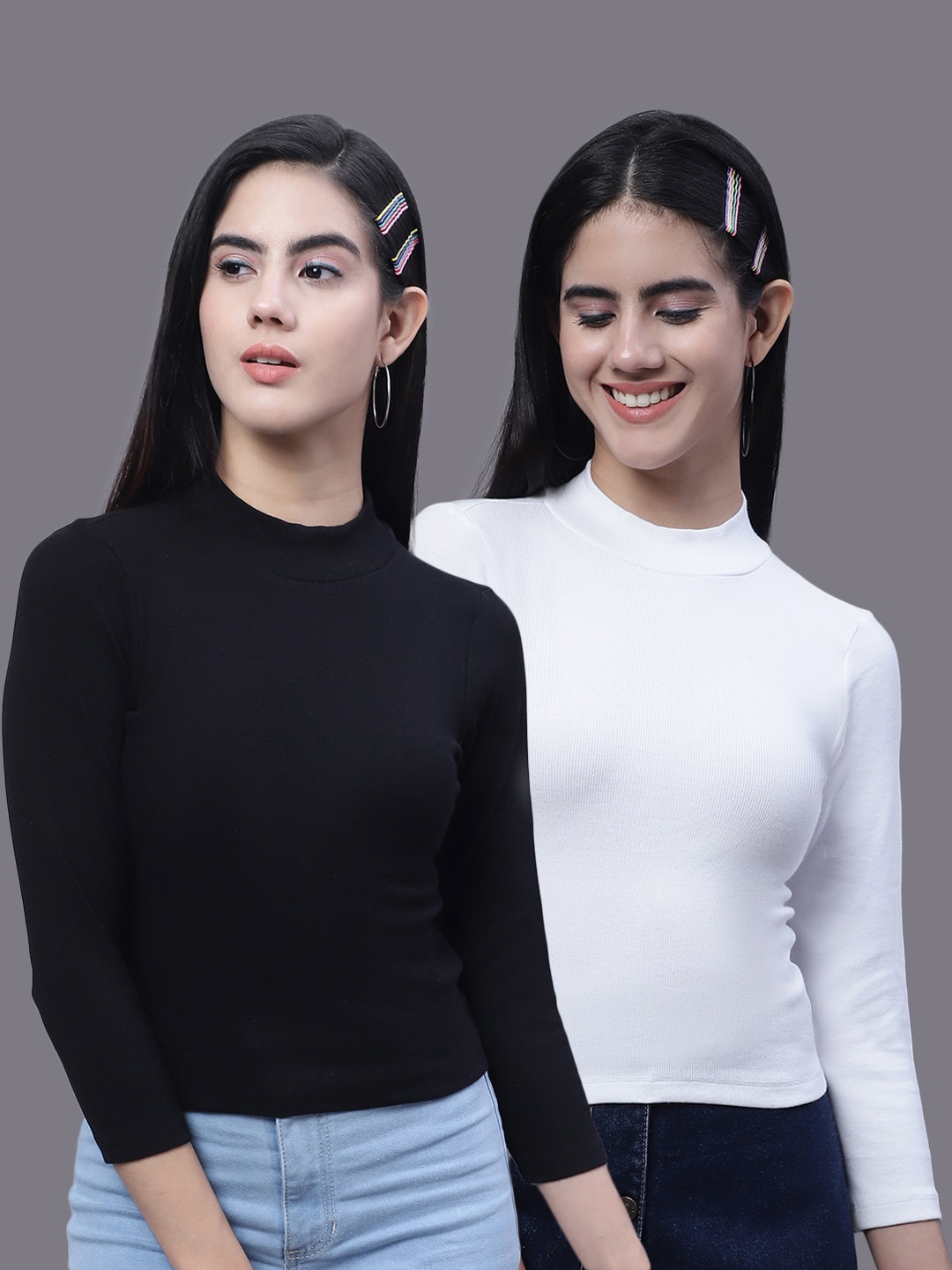 

FBAR Pack Of 2 High Neck Ribbed Cotton Fitted Crop Tops, Black