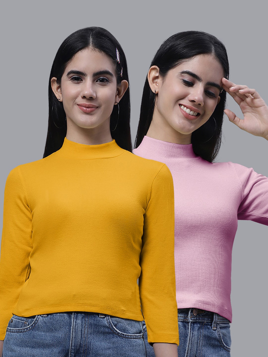 

FBAR Pack Of 2 High Neck Ribbed Cotton Fitted Crop Tops, Yellow