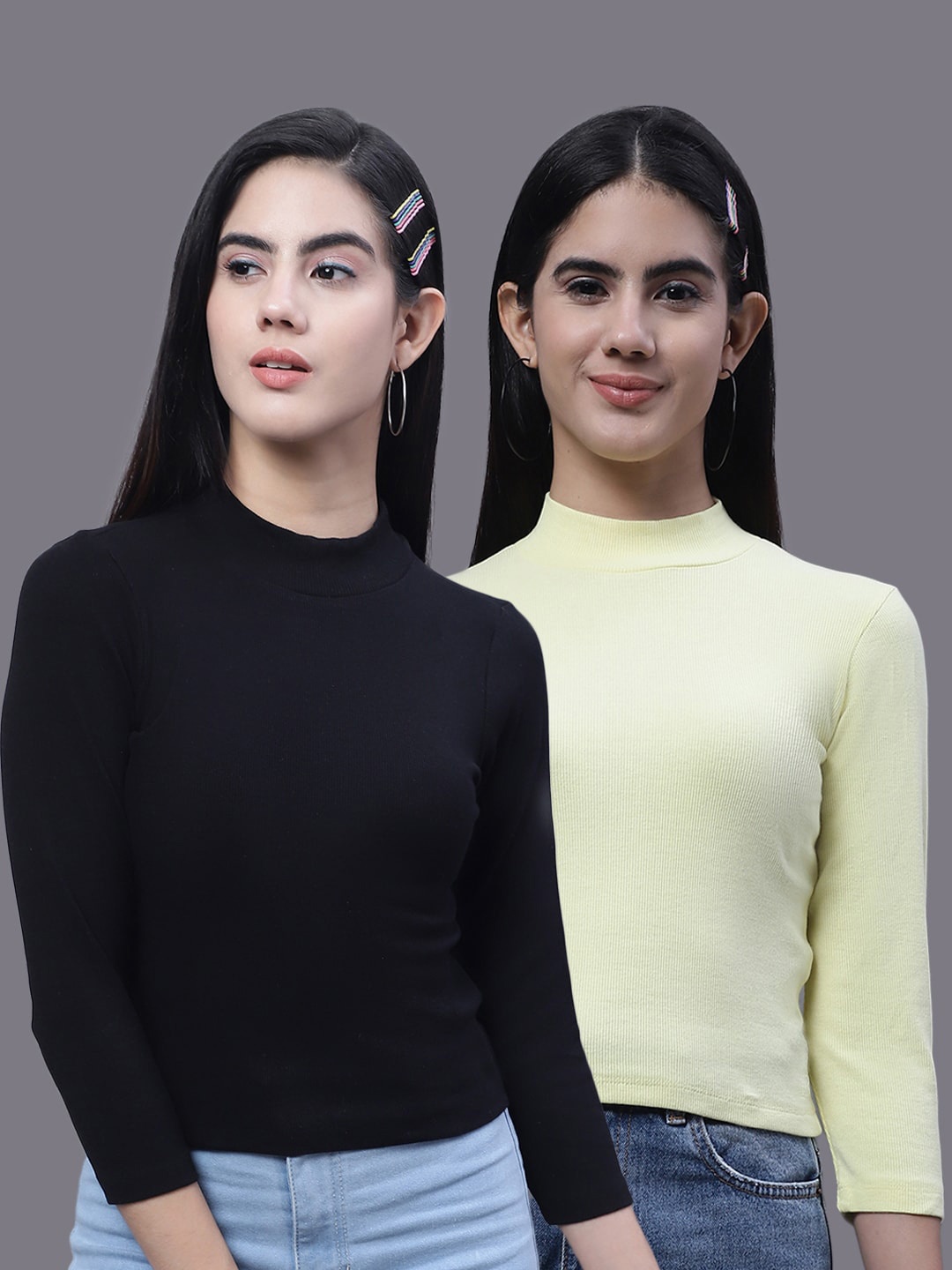 

FBAR Pack Of 2 High Neck Ribbed Cotton Fitted Crop Tops, Black