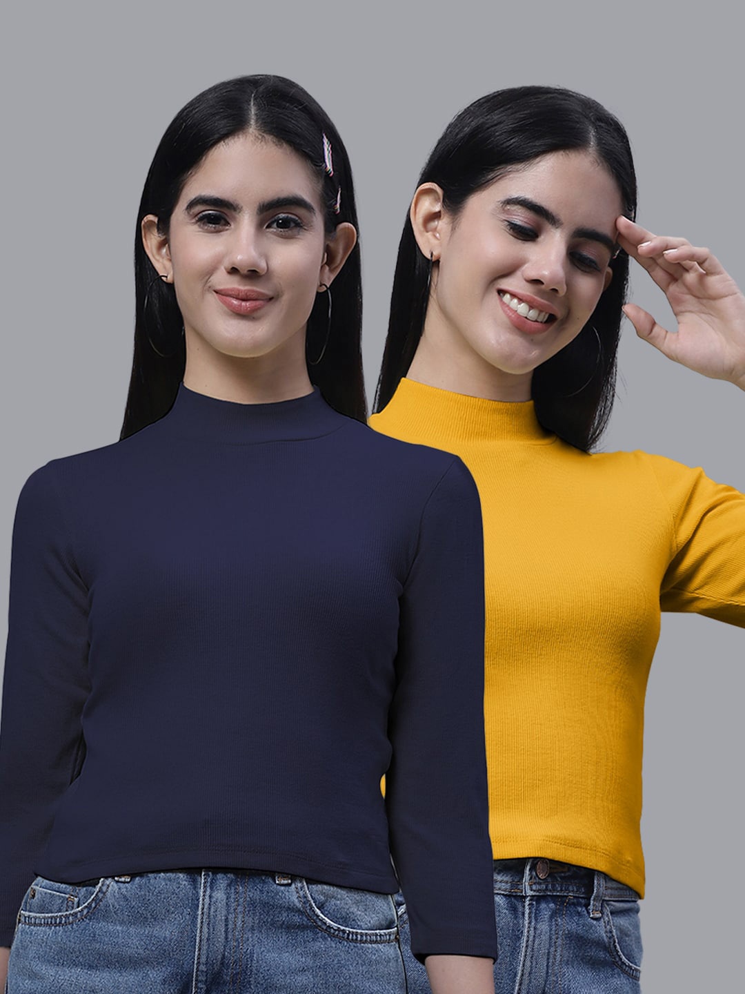 

FBAR Pack Of 2 High Neck Ribbed Cotton Fitted Crop Tops, Navy blue