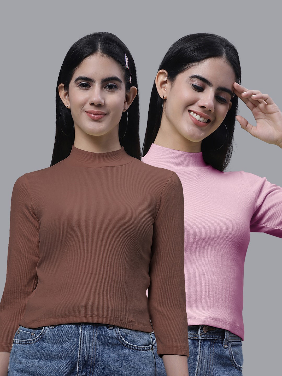 

FBAR Pack Of 2 High Neck Ribbed Cotton Fitted Crop Tops, Brown