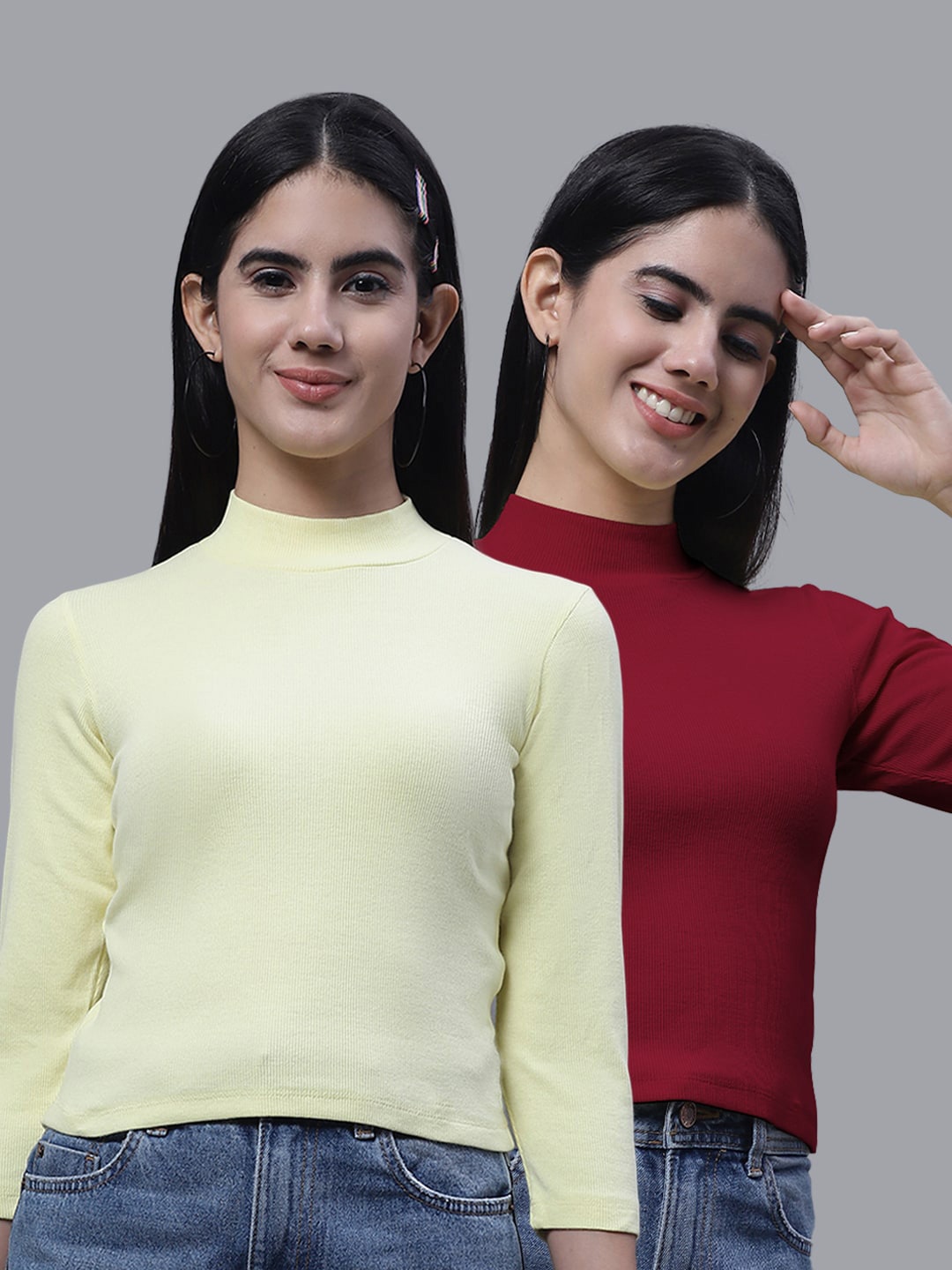 

FBAR Pack Of 2 High Neck Ribbed Cotton Fitted Crop Tops, Yellow