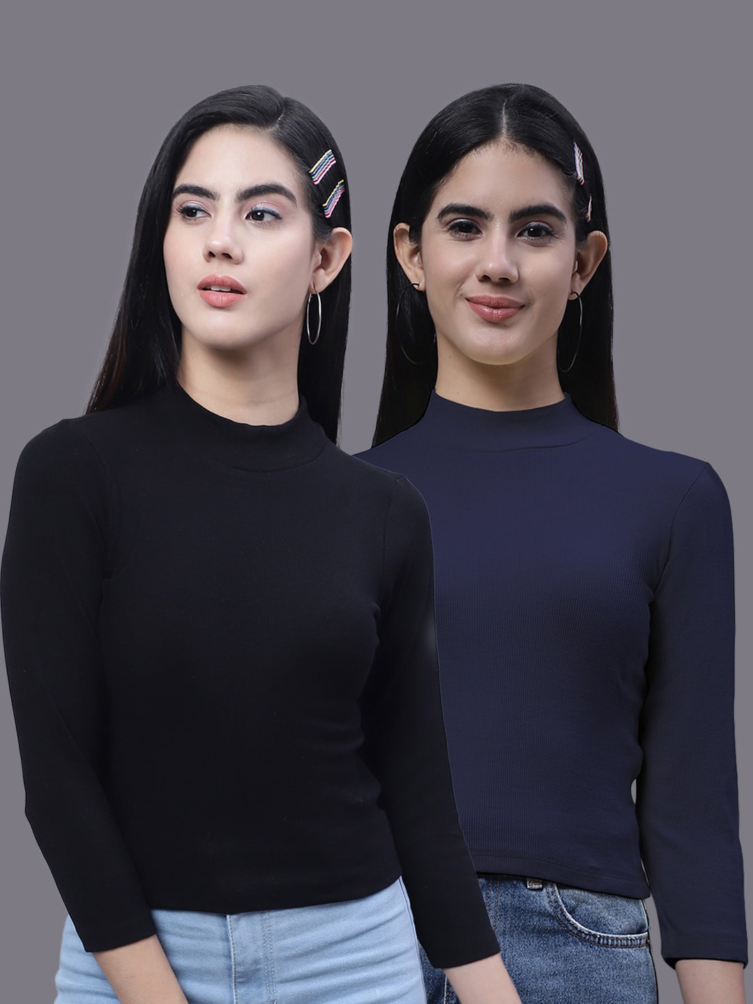 

FBAR Pack Of 2 High Neck Ribbed Cotton Fitted Crop Tops, Black