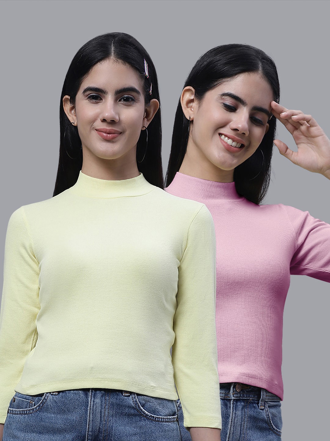 

FBAR Pack Of 2 High Neck Ribbed Cotton Fitted Crop Tops, Yellow