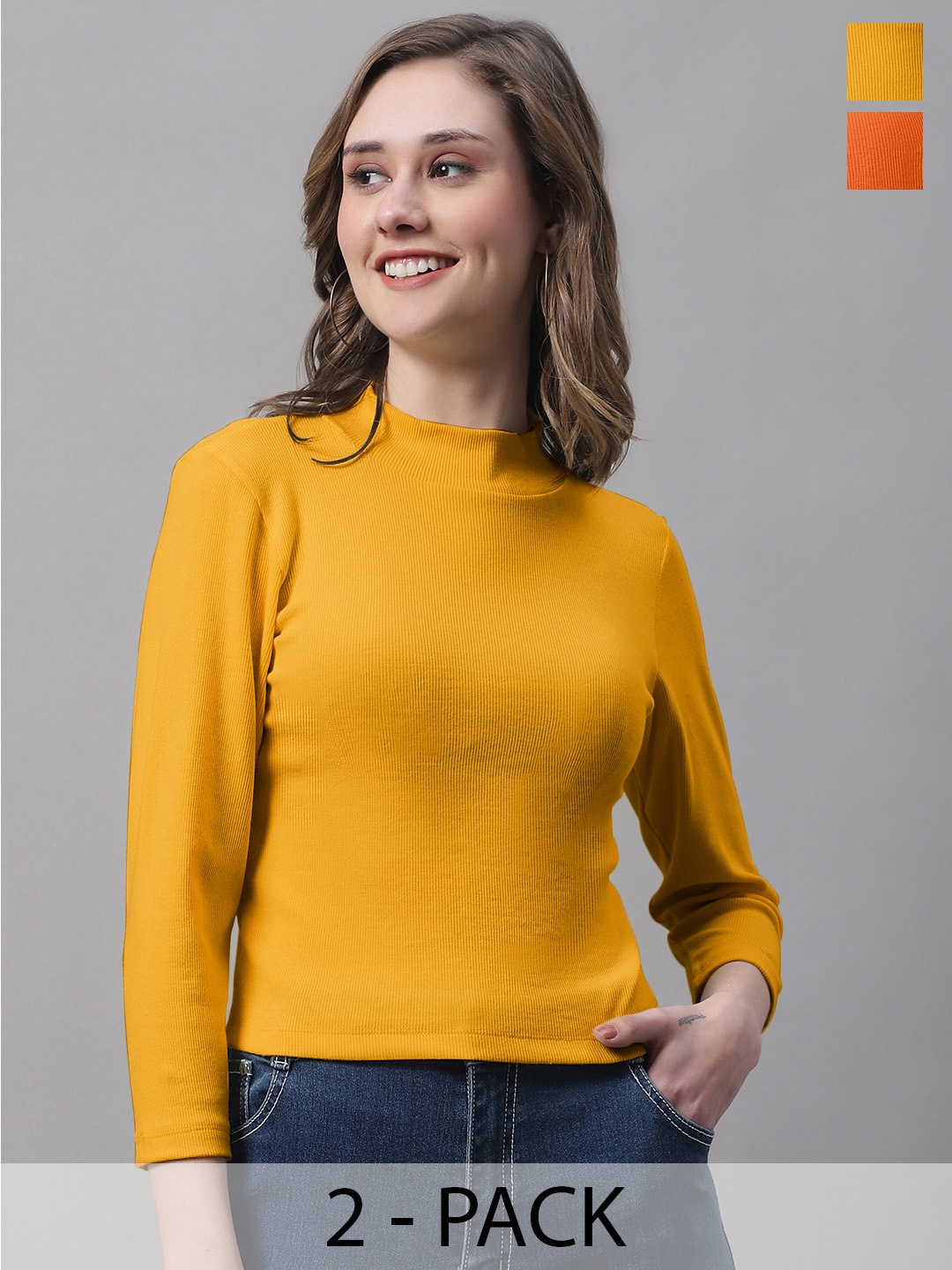 

FBAR Pack Of 2 High Neck Cotton Regular Top, Orange