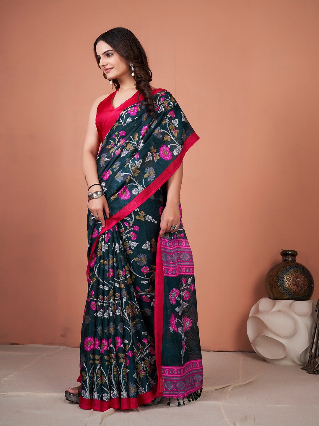 

KALINI Floral Printed Jute Silk Saree, Navy blue