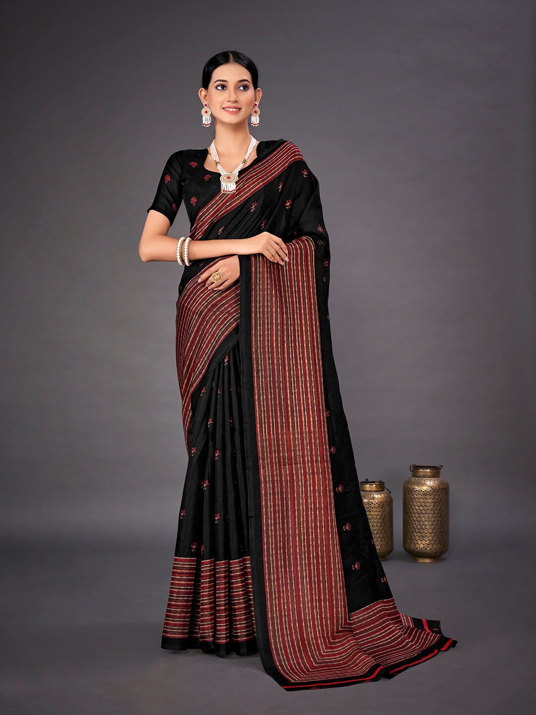 

KALINI Ethnic Motifs Printed Jute Silk Saree, Black