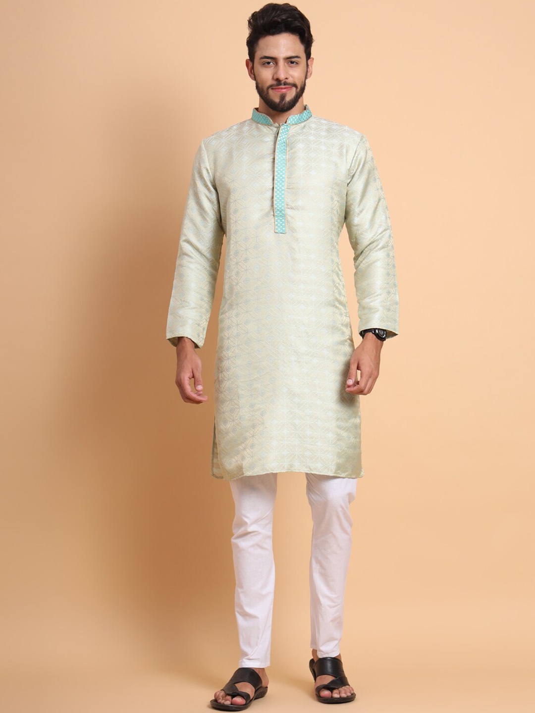 

SWAGG INDIA Geometric Woven Design Cotton Wool Jacquard Kurta, Blue