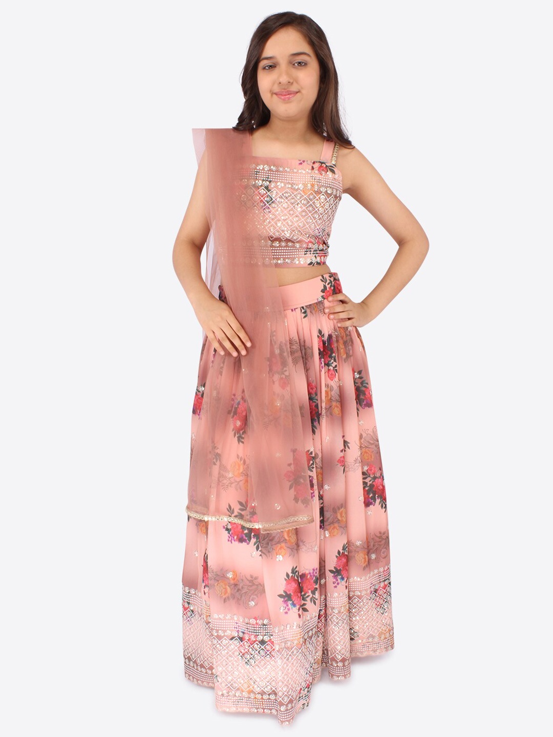 

CUTECUMBER Girls Embroidered Sequinned Detailed Lehenga & Blouse with Dupatta, Pink