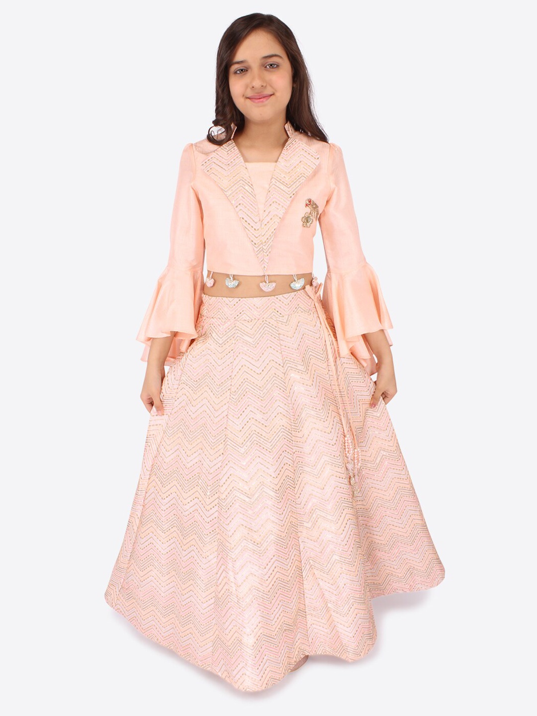 

CUTECUMBER Girls Embroidered Shirt Collared Flarred Sleeves Silk Lehenga & Blouse, Peach
