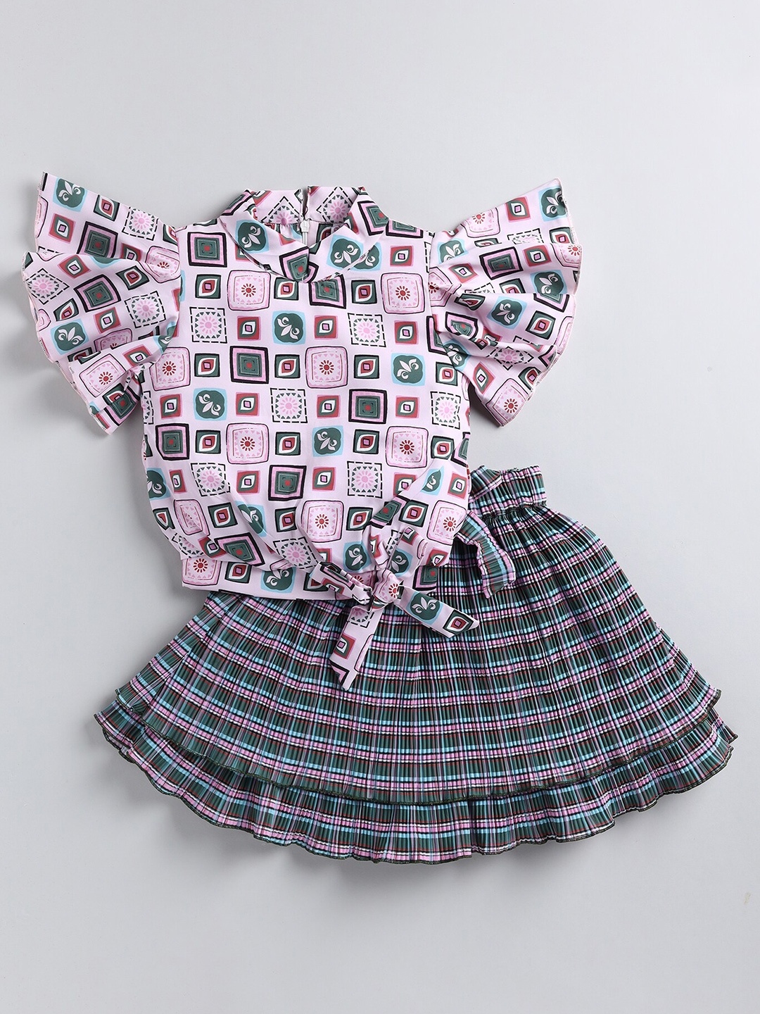 

Toonyport Girls Geometric Printed Top with Skirt, Pink