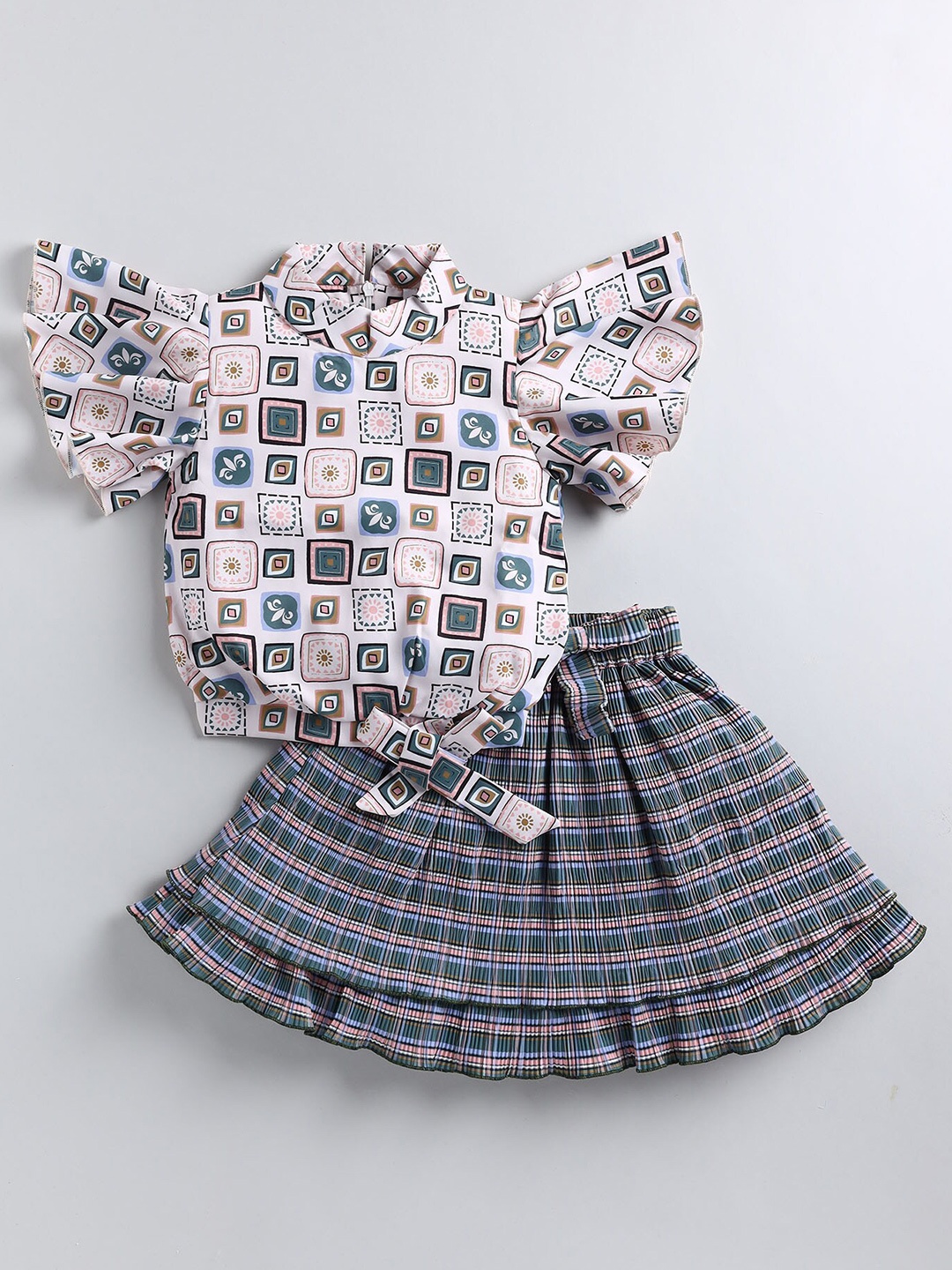 

Toonyport Girls Geometric Printed Top with Skirt, Beige