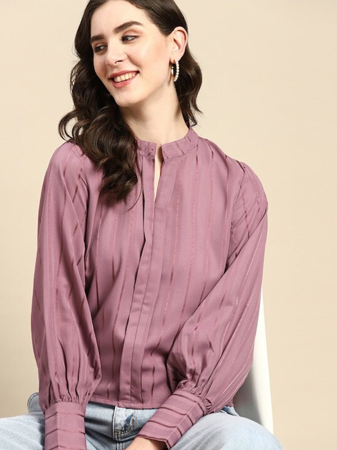 

all about you Mandarin Collar Shirt Style Top, Purple